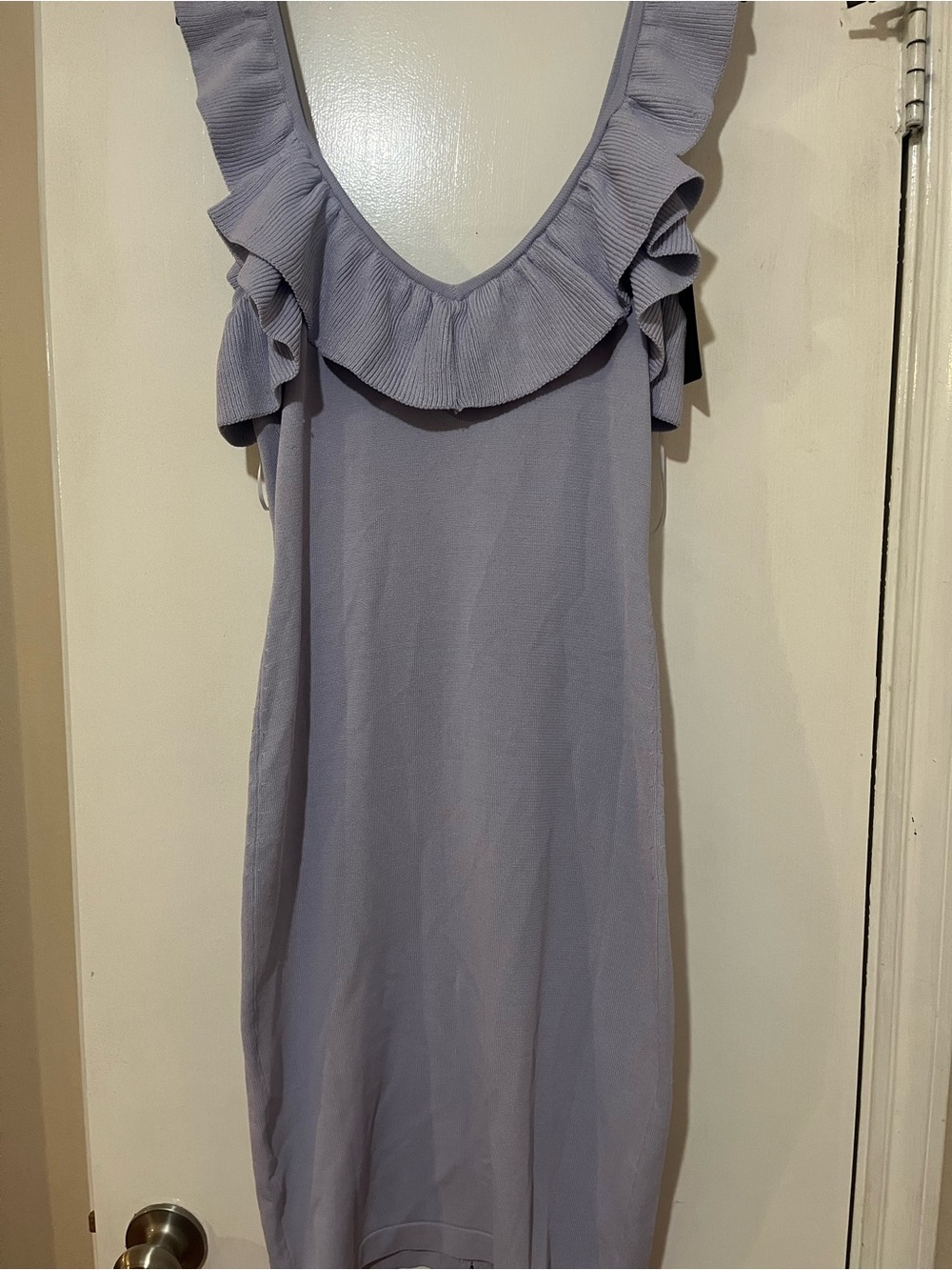 bebe Lavender Ruffle V-Neck Midi Dress with Shoulder Frills